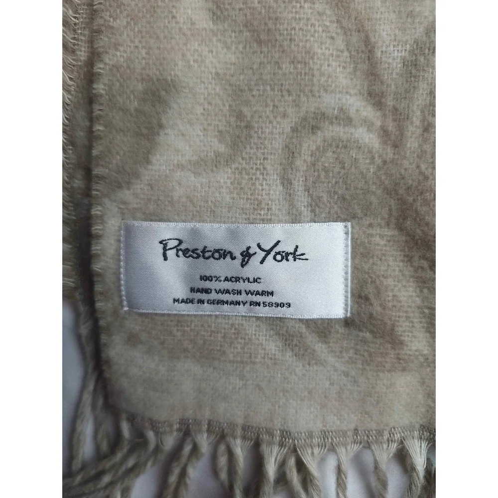 Preston & York Tan Beige Floral Damask Acrylic Scarf Made in Germany Fringe Trim